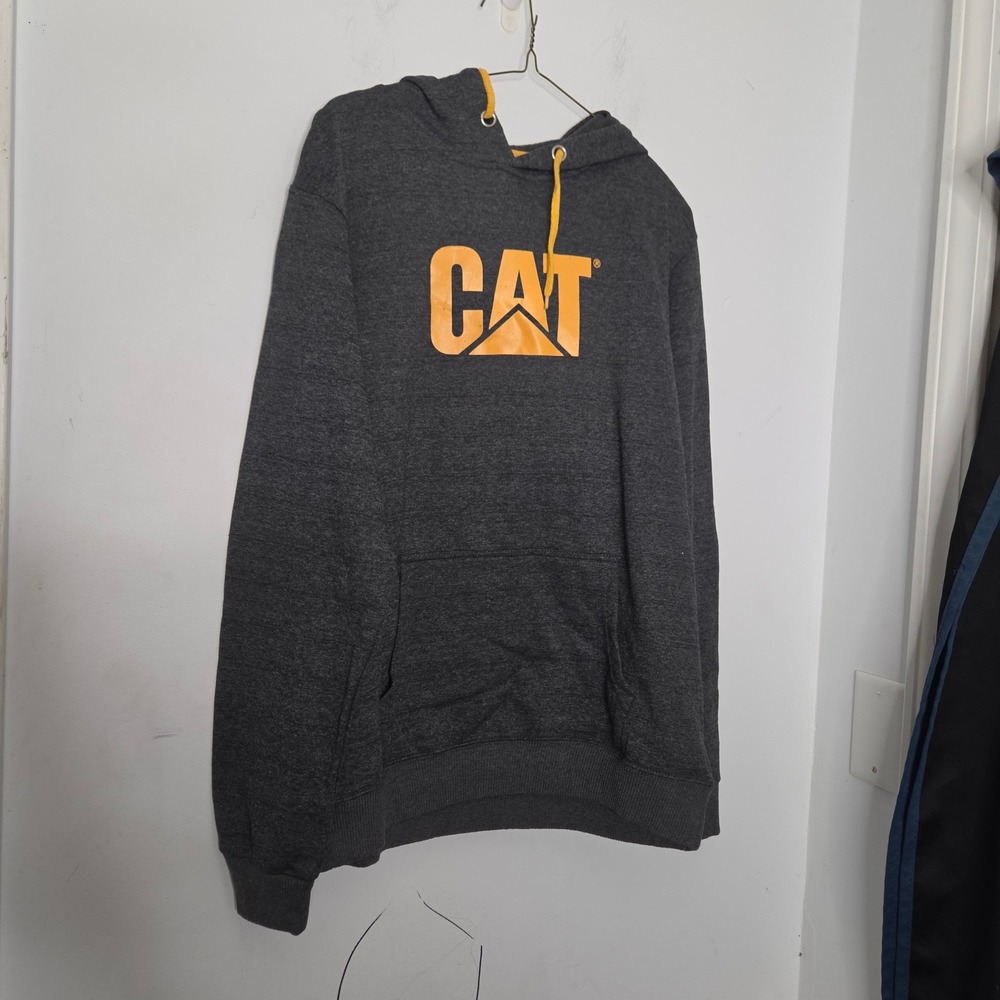 Caterpillar CAT Logo Hoodie Mens XL Charcoal Gray Yellow Pullover Sweatshirt